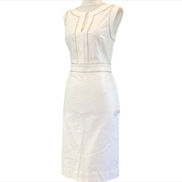 Tory Burch Zoie Sleeveless V-Inset Neck White Cotton Gold Piped Dress Size Sz 6 - Picture 3 of 7